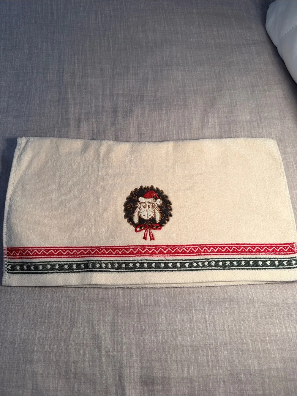 Disney White Hand Towel with Red and Green Holiday Embroidery
